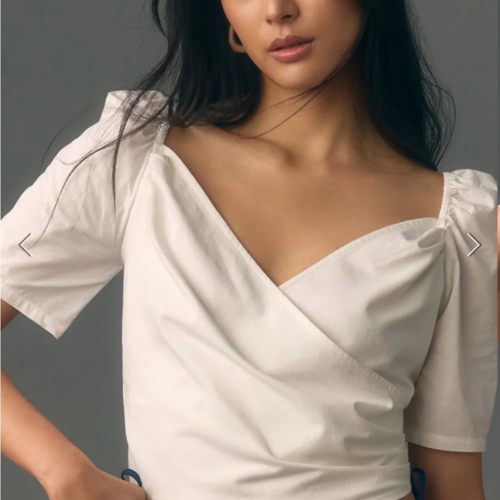 Anthropologie White Puff-Sleeve Wrap Top